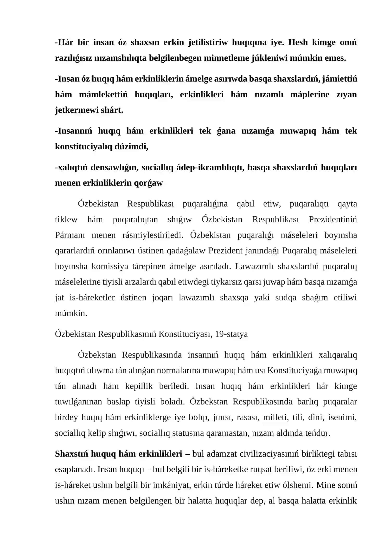 Huquq hám erkinliklerdin kepillikleri puqaralardıń tiykarǵı minnetleri 3