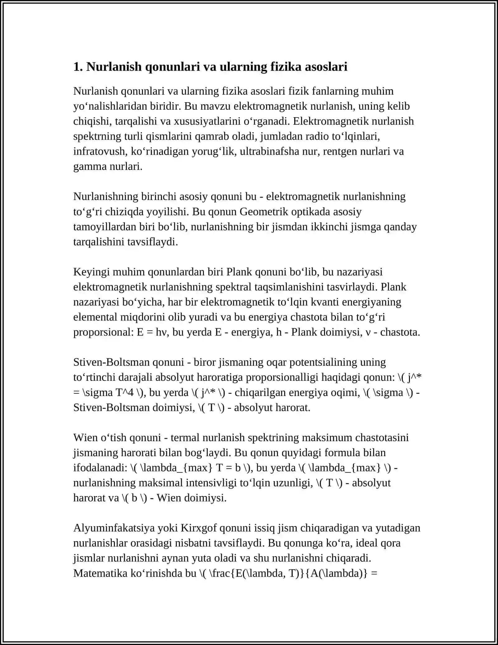 NURLANISH QONUNLARI VA JISMLARING FIZIK TABIATLARINI SPECTRAL METODLAR YORDAMIDA O'RGANISH 3