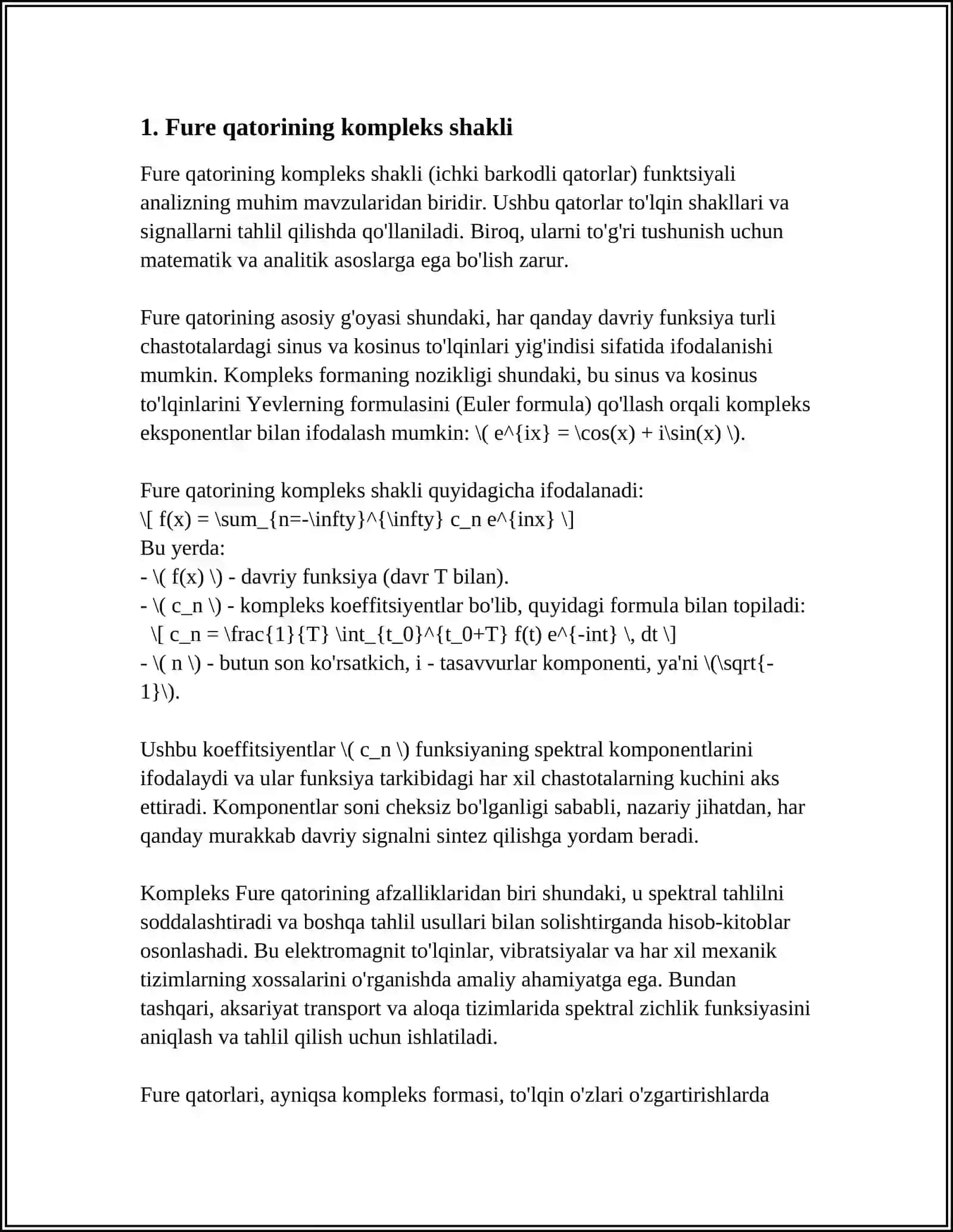 FURE QATORINING KOMPLEKS SHAKLDAGI KOʻRINISHI. NOSINUSOIDAL ELEKTR QIYMATINI FURE QATORIGA YOYISH 3