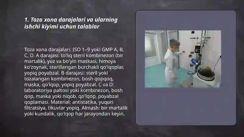 Kimyo-farmaseftika korxonalarida toza xonalarga ishchi xodimlariga va ularni kiyimlariga qoʻyiladigan gigiyenik talablar 3