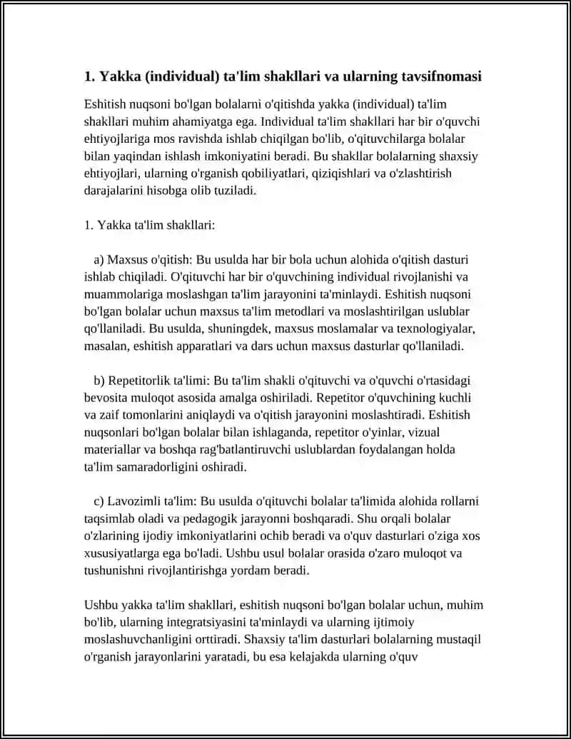 ESHITISHDA NUQSONI BO'LGAN BOLALARNI O'QITISHNI TASHKIL ETISH SHAKLLARINI XILMA XIL TURLARI, HAR BIR TURINING TAVSIFNOMASI 3