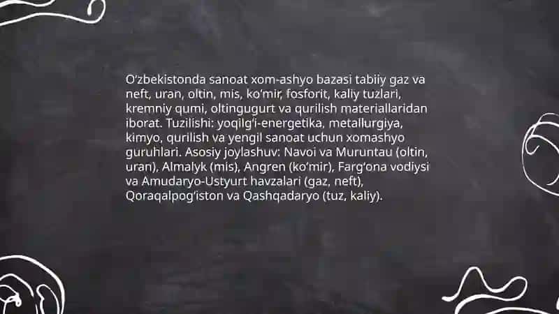 Oʻzbekistonda sanoatning hom ashyo va uni joylashtirish 3