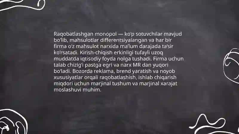 Raqobatlashgan monopol bozorda tovar narxi va ishlab chiqarish hajmini aniqlash 3