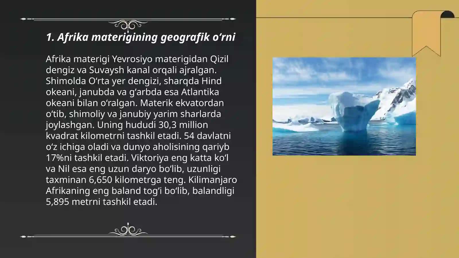Afrika materigi geografik oʻrni, okean qismlari, chekka nuqtalarini oʻziga hosligi 3