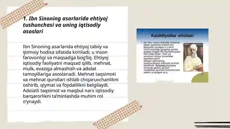 Ibn Sino asarlarida ehtiyoj, mehnat taqsimoti, mehnat qurollarining ahamiyati 3