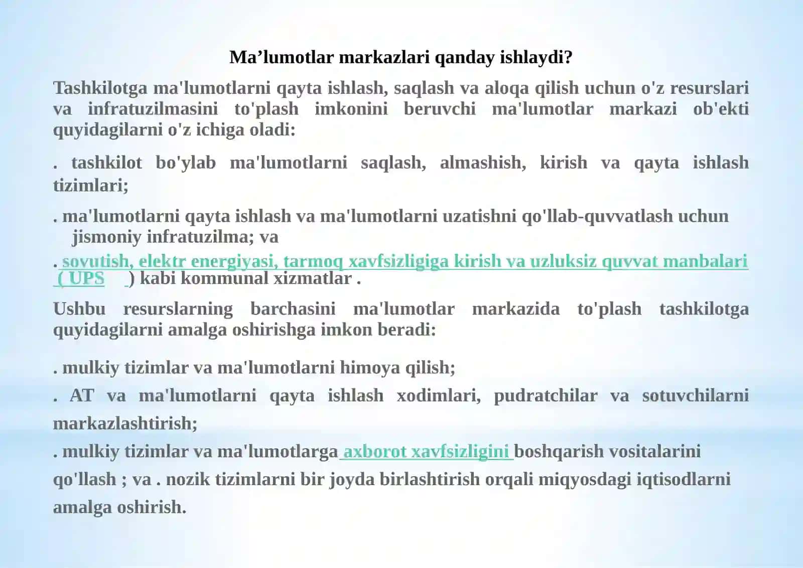 Bulut texnologiyasi asosida yaratilgan ma’lumotlarni qayta ishlash markazlarini 3