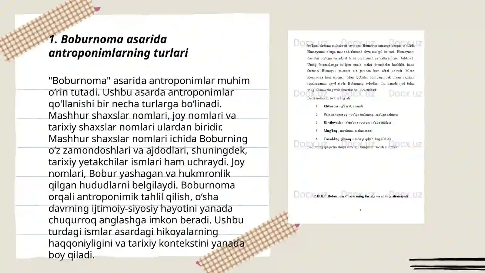 Eski oʻzbek badiiy adabiyoti namunalarida antroponimlar,, Boburnoma ʼʼasari asosida 3