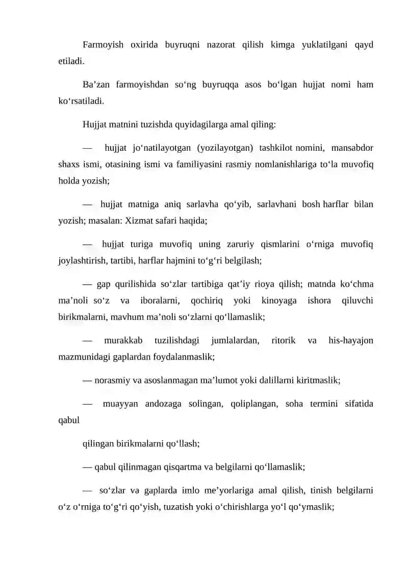 BUYRUQ KO’RINISHLARI. FARMOYISH YOZISH TARTIBI. KO’RSATMA VA GUVOHNOMA YOZILISHI 3