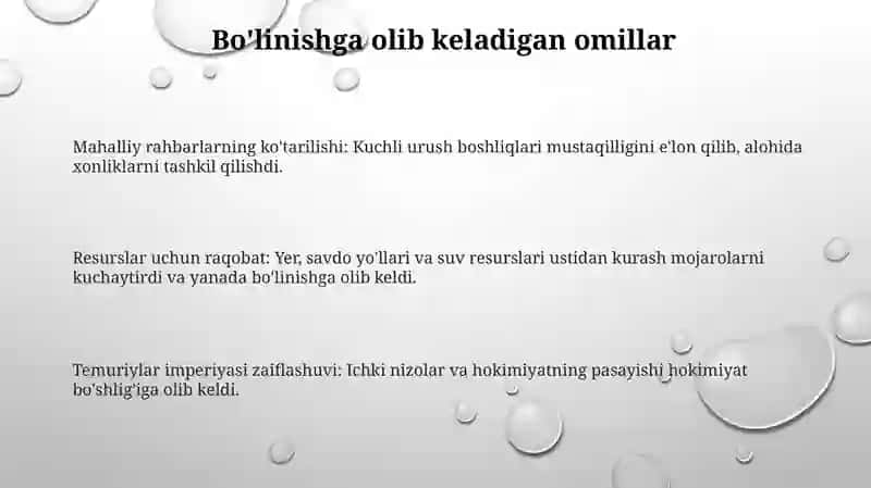 O'zbekiston hududlarining xonliklarga bo'linib ketishi, uning sabablari va oqibatlari 3
