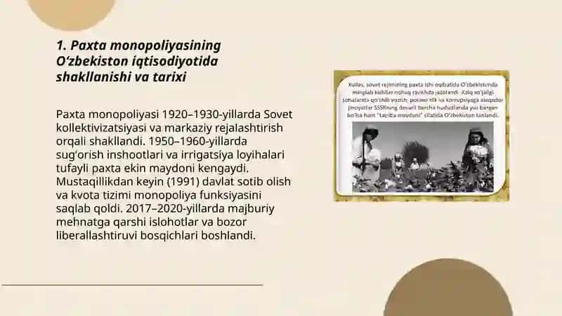 Paxta monopoliyasining Oʻzbekiston iqtisodida shakllanishi va tarixi 3