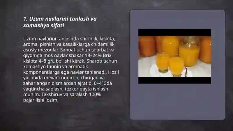 Uzumdan sharbat, qiyom, murabova sharob tayorlash texnalogiyasi 3
