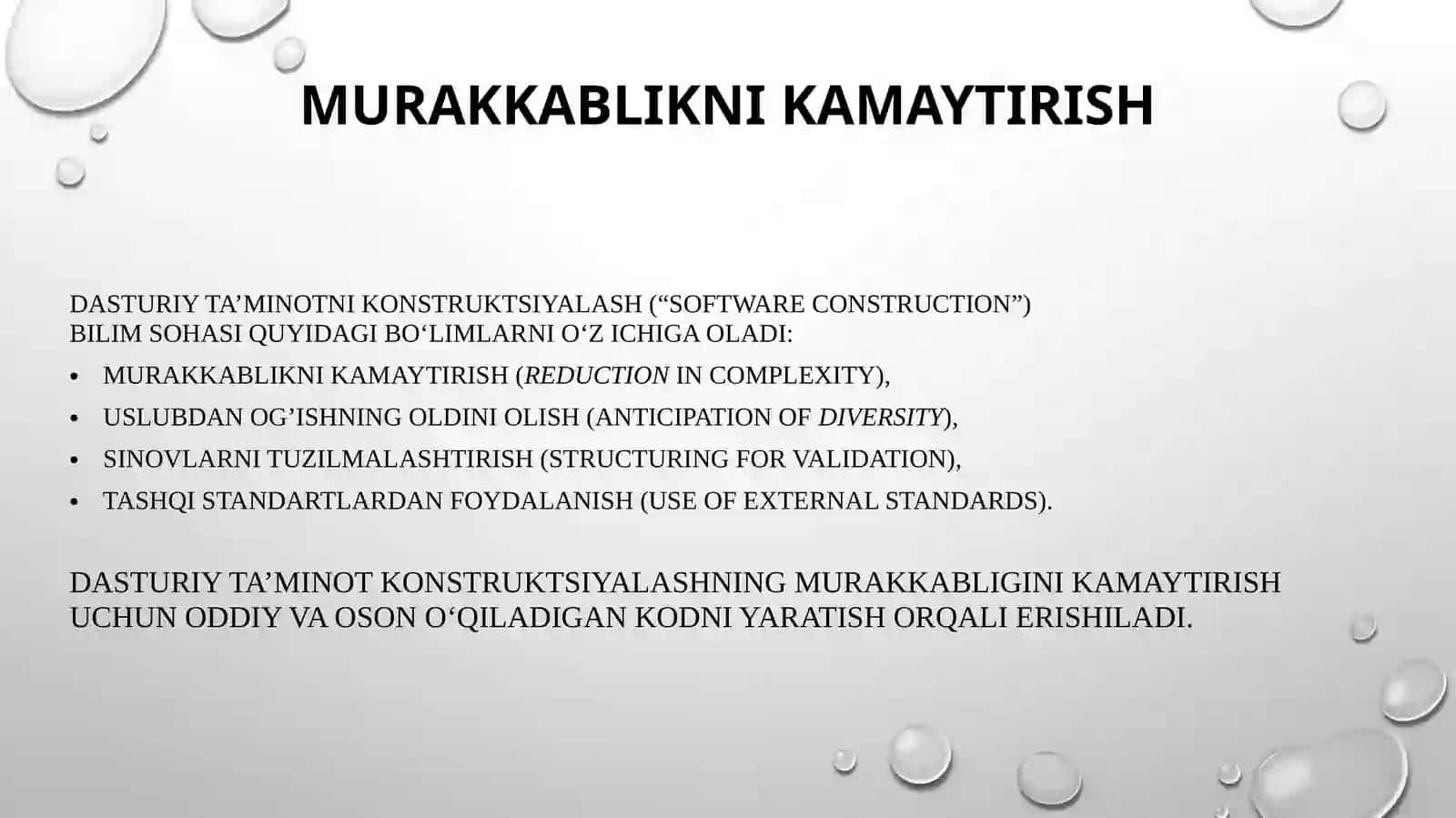 Konstruksiyalashning asosiy elementlari. Murakkablikni minimallashtirish. O‘zgartirishlarni kutish. Konstruksiyalashda tekshirish imkoniyati. Konstruksiyalashdagi standartlar 3