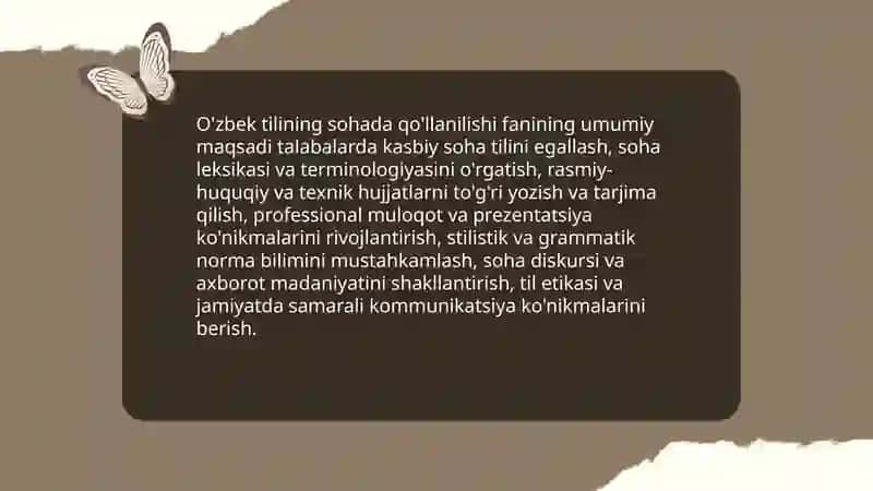 Òzbek tilining sohada qo'llanilishi fanini òqitishning maqsad va vazifalari 3