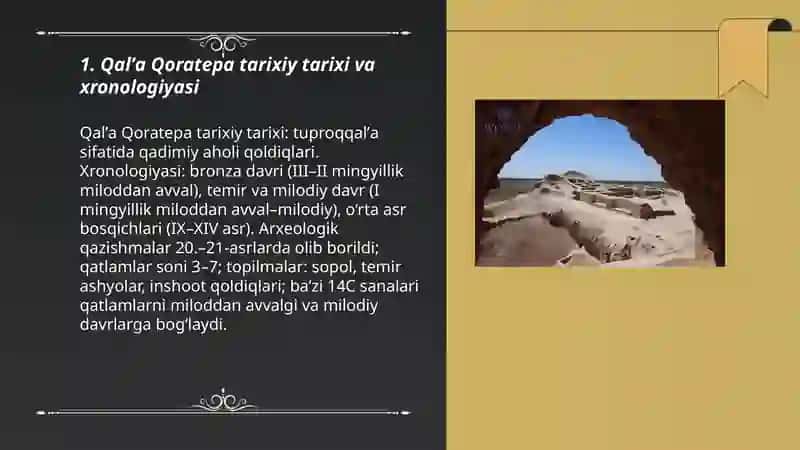Qadimgi shaharlar: tuproqqalʼa Qalʼa qoratepa va ularning o'rganilushi 3