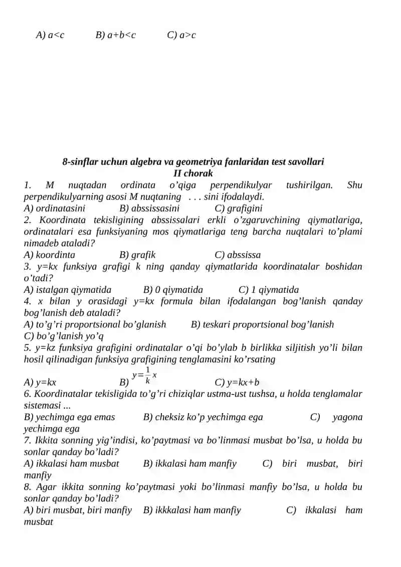 8-sinflar uchun algebra va geometriya fanlaridan test savollari I chorak 3