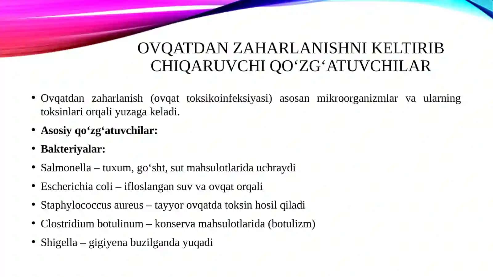 Ovqatdan zaharlanishni keltirib chiqaruvchi qo'zg'atuvchilar. Vabo qo'zg'atuvchisi va ularni laboratoriya diagnostikasi. Maxsus oldini olish choralari 3