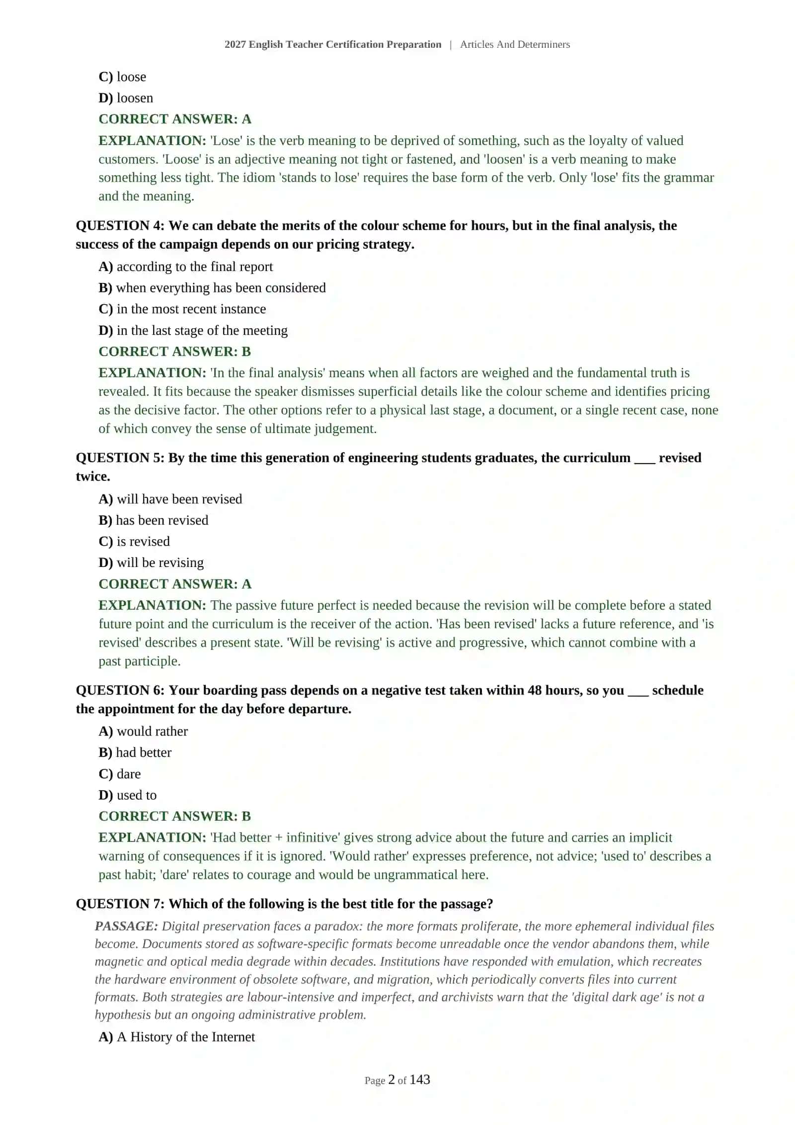 2027 English Teacher Certification Preparation | Articles And Determiners 3