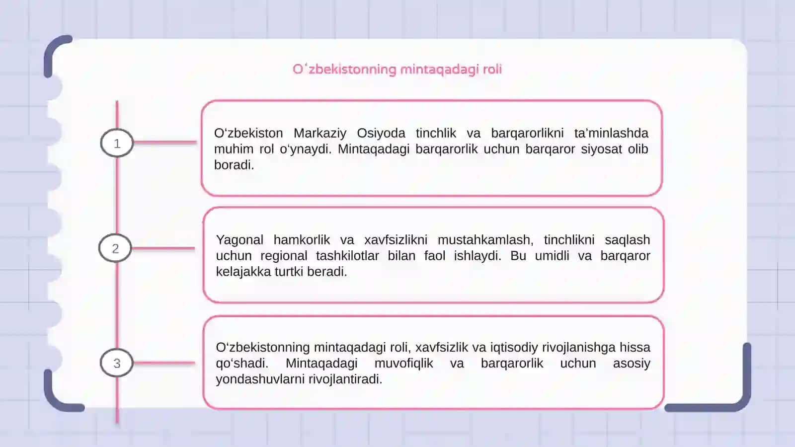 Oʻzbekiston Markaziy Osiyoda tinchlik va barqarorlikni taminlashdagi oʻrni 3
