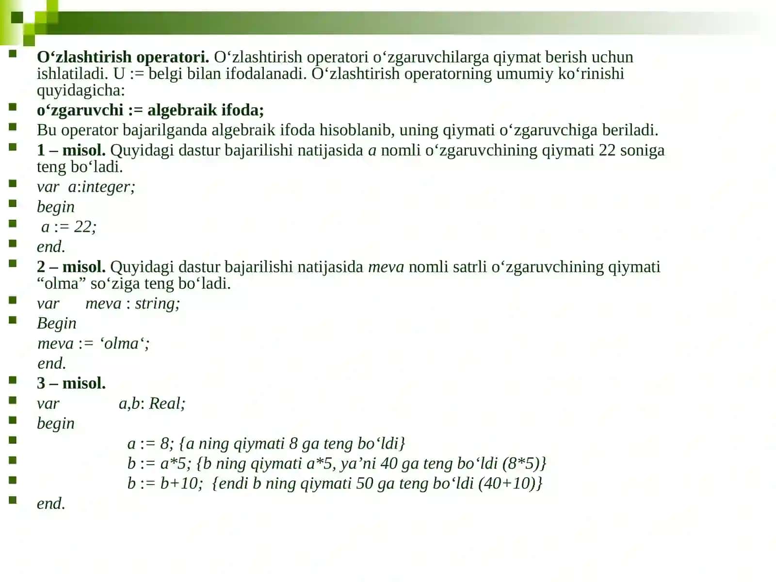 O’zlashtirish va ma’lumotlarni ekranga chiqarish operatorlari 3