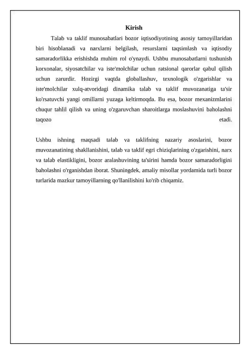Talab va taklif munosabatlari bozor iqtisodiyotining asosiy tamoyillaridan biri hisoblanadi 3