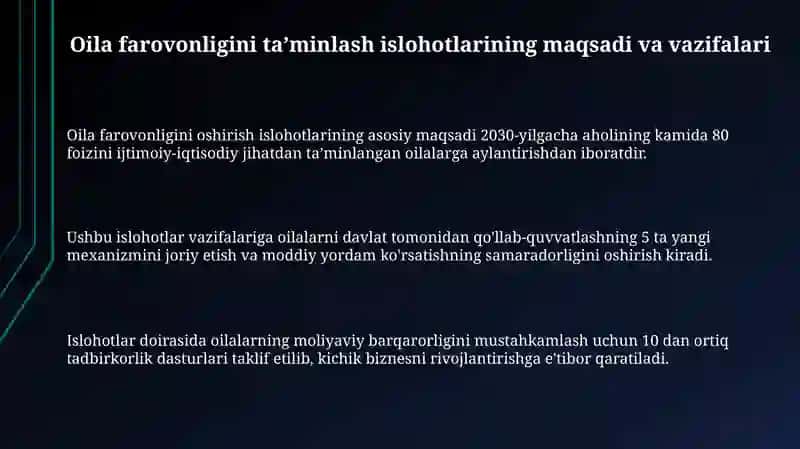 Respublikamizda oilalar faravonligini ta'minlash maqsadida olib borilayotgan islohatlar 3