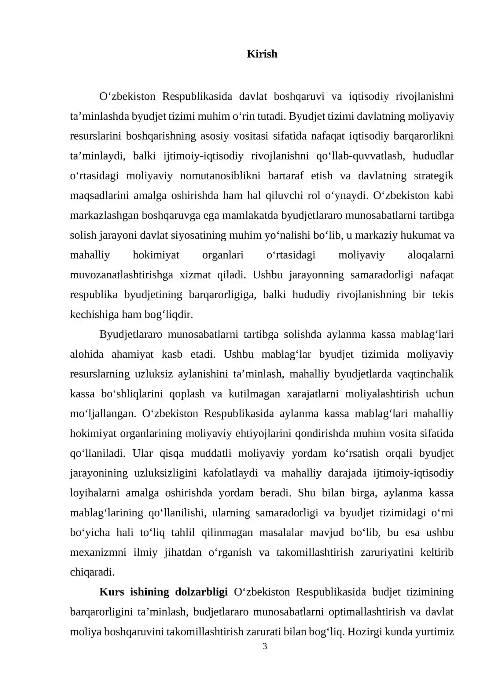 O’zbekiston Respublikasida budjetlararo munosabatlarni tartibga solishda aylanma kassa mablag’larining o’rni mavzusida kur ishi 3