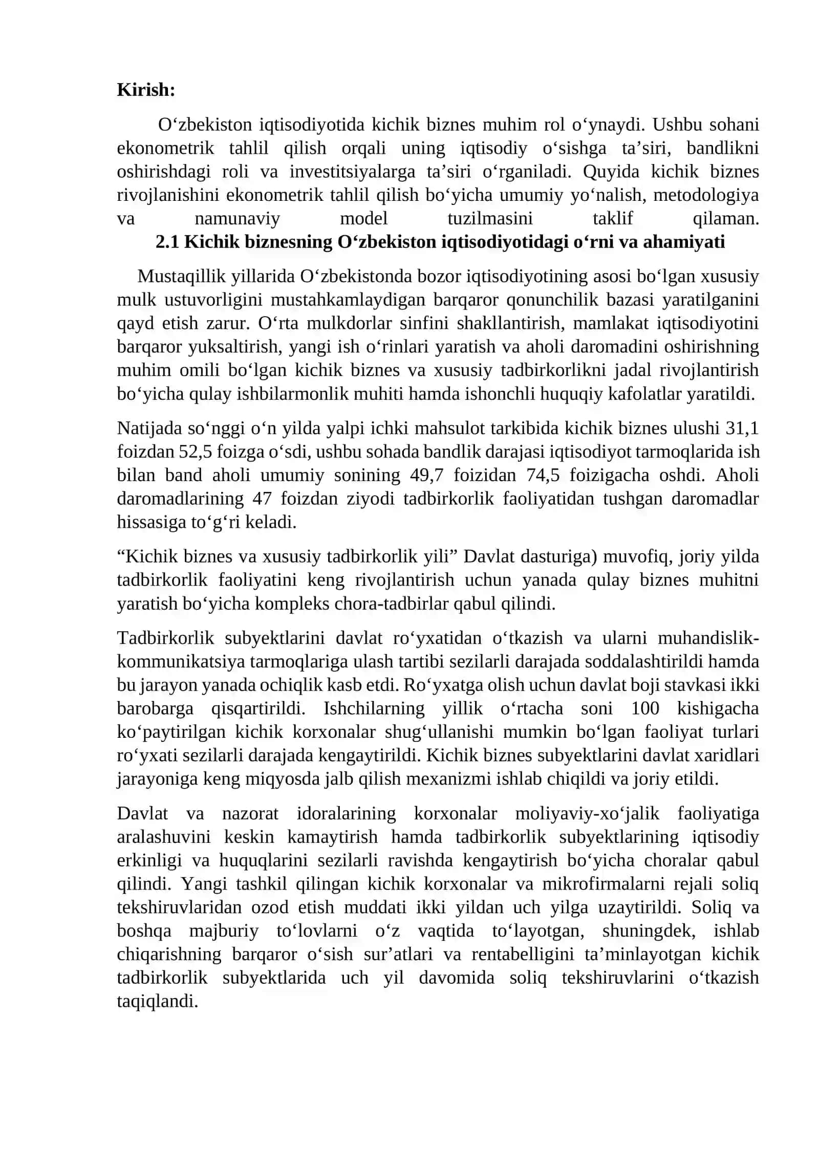 O’zbekistonda kichik biznes rivojlanishini ekonometrik tahlil qilish 3