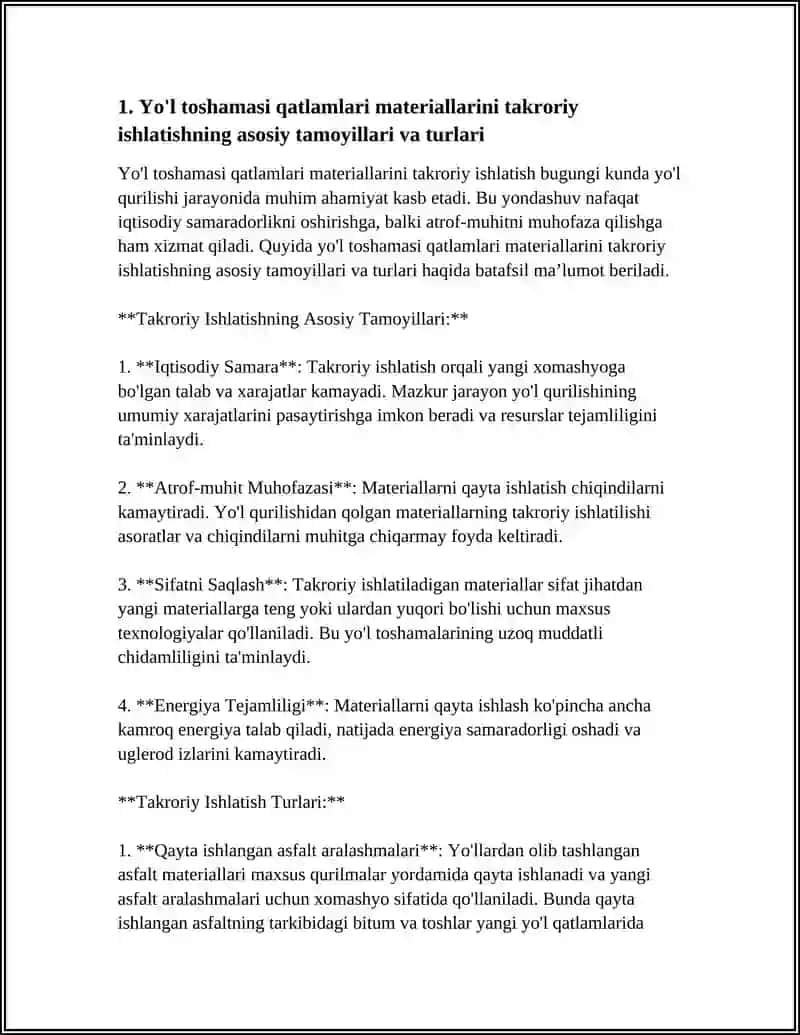 YOʻL TOʻSHAMASI QATLAMLARI MATERIALLARINI TAKRORIY ISHLATISH 3
