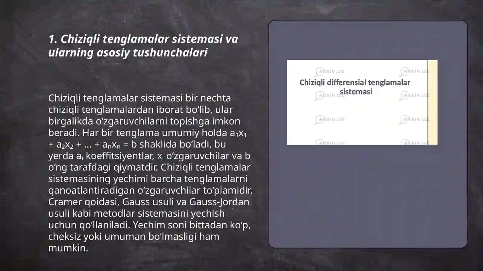 Chiziqli tenglamalar sistemasining birgalashish alomatlari 3