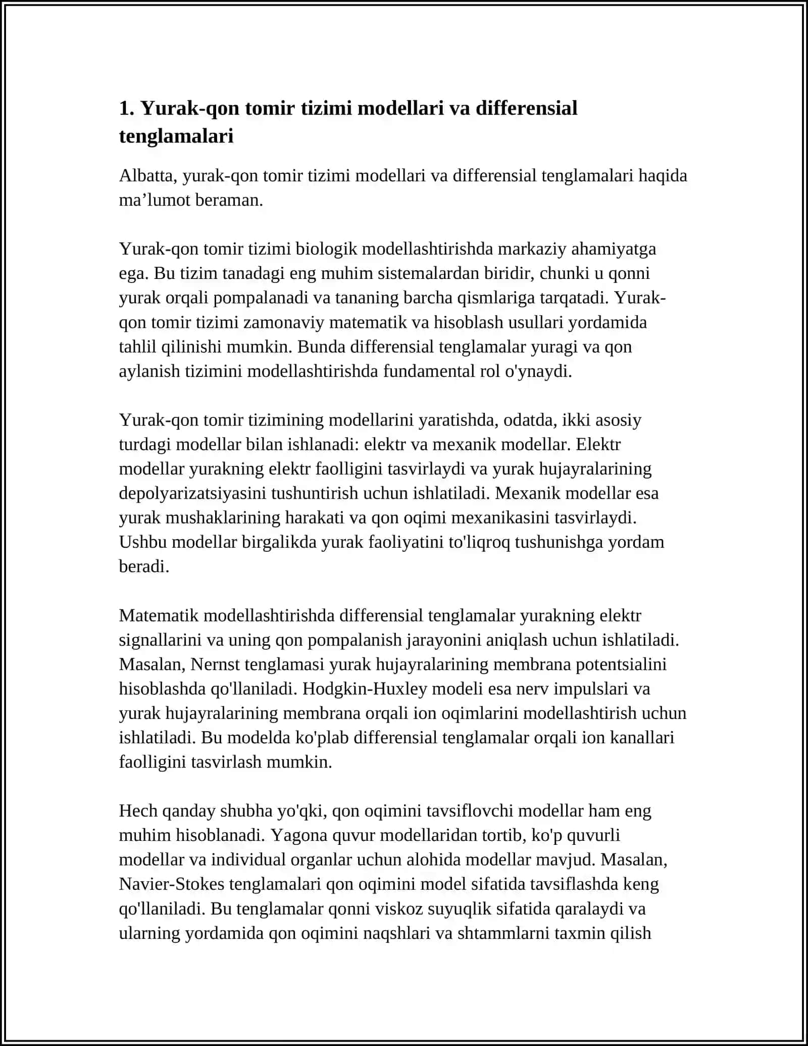 Yurak-qon tomir tizimi modellari va differensial tenglamalari 3