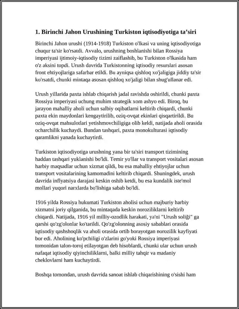 BIRINCHI JAHON URUSHINING TURKISTON OʻLKASIGA TAʼSIRI. 1916 YIL MILLIY-OZODLIK HARAKATI 3