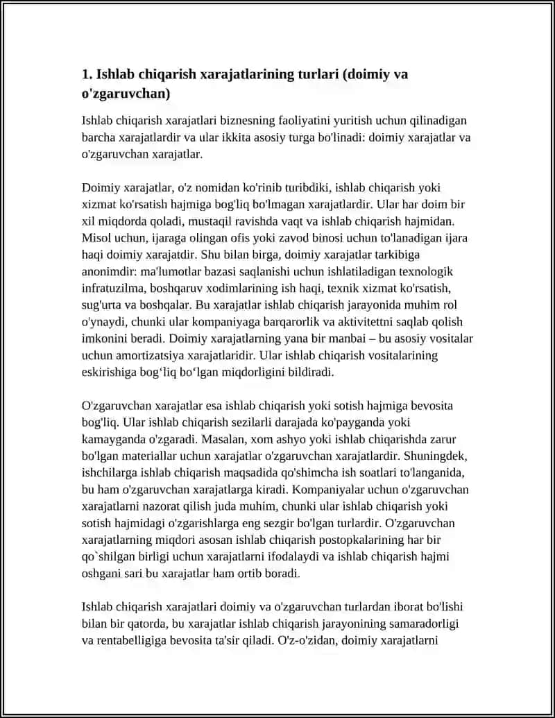 Ishlab Chiqarish Harajatlari va Foyda Tashkil Topishining Xususiyatları 3
