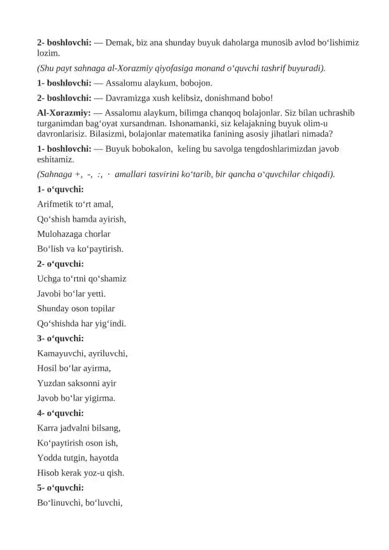 Matematika — fanlar shoxi 4- sinf uchun tadbir ssenariysi 3