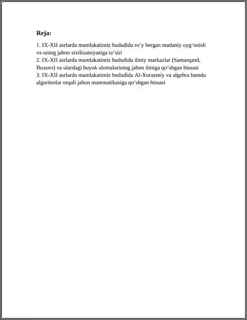 IX-XLL ASRLARDA MAMLAKATIMIZ HUDUDIDA RO'Y BERGAN MADANIY UY'ONISH (RENESSANS)BUYUK ALOMALARNING JAHON SVILLIZATSIYASIGA QO'SHGAN HISSASI 3