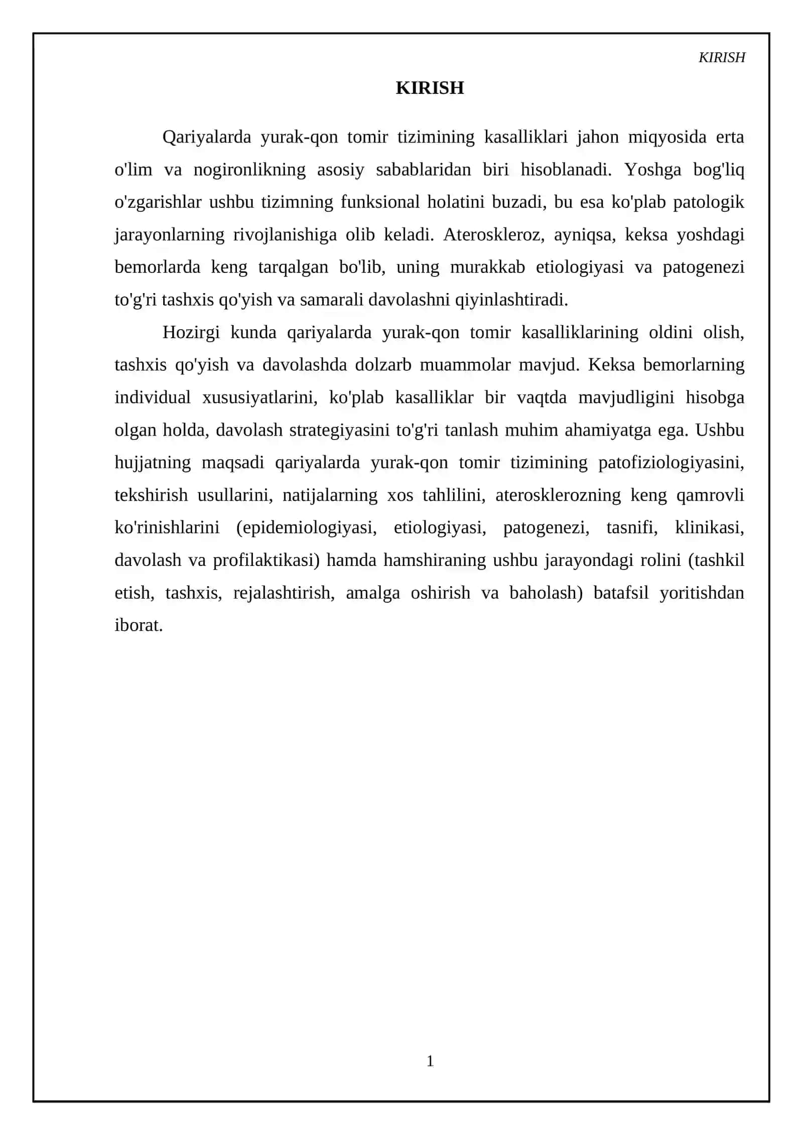 Qariyalarda yurak-kon tomir tizimining patofiziologiyasi. Tekshirish usullari. Tekshirish natijalarining qariyalarga xos taxlili. Qariyalarda ateroskleroz. Epidemiologiyasi. Etiologiyasi. Patogenezi. Tasnifi. Klinikasi. Davolash. Profilaktikasi. Hamshiraning jarayoning tashkilashtirish. Hamshiraning tashxis, reja, rejani amalga oshirish, baxolash 3