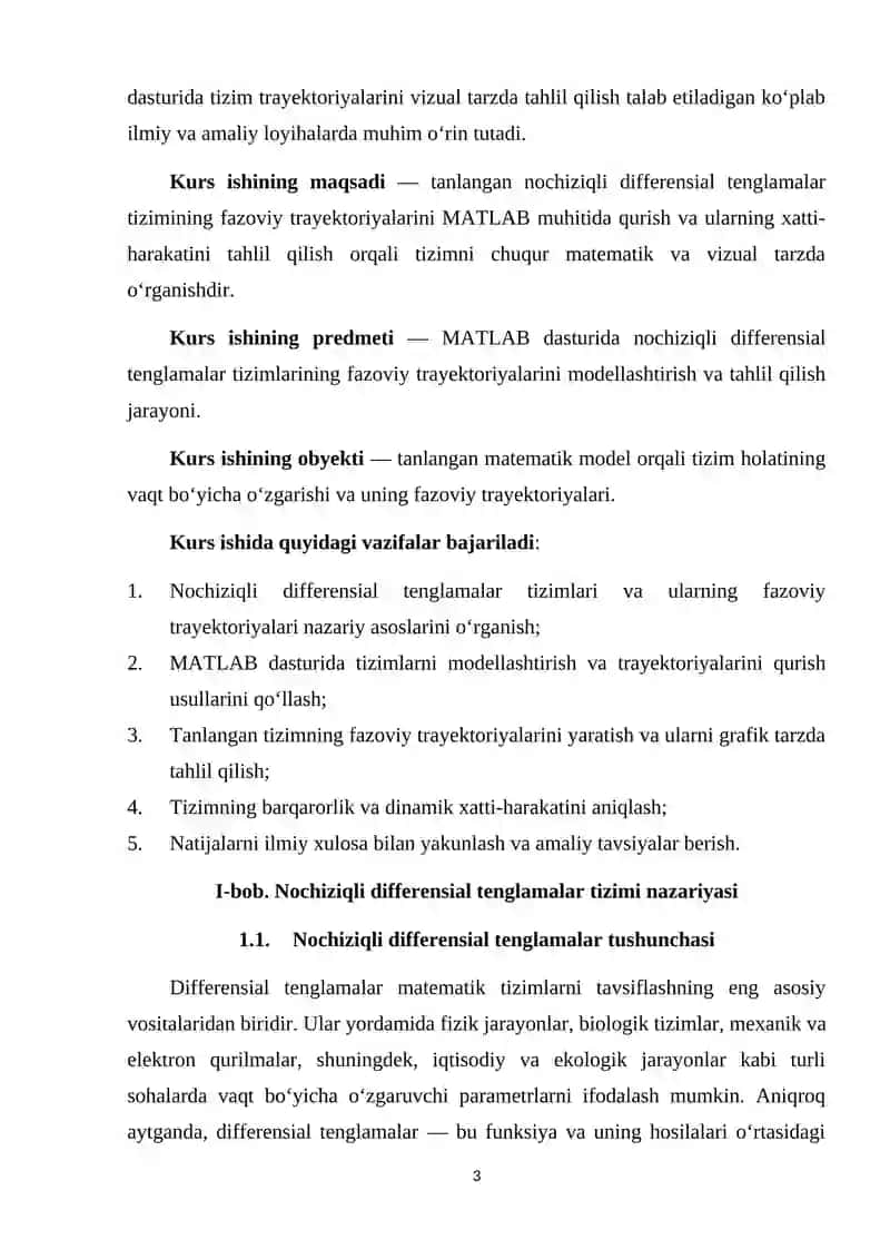 Nochiziqli differensial tenglamalar tizimining fazoviy trayektoriyasini MATLAB muhitida qurish 3