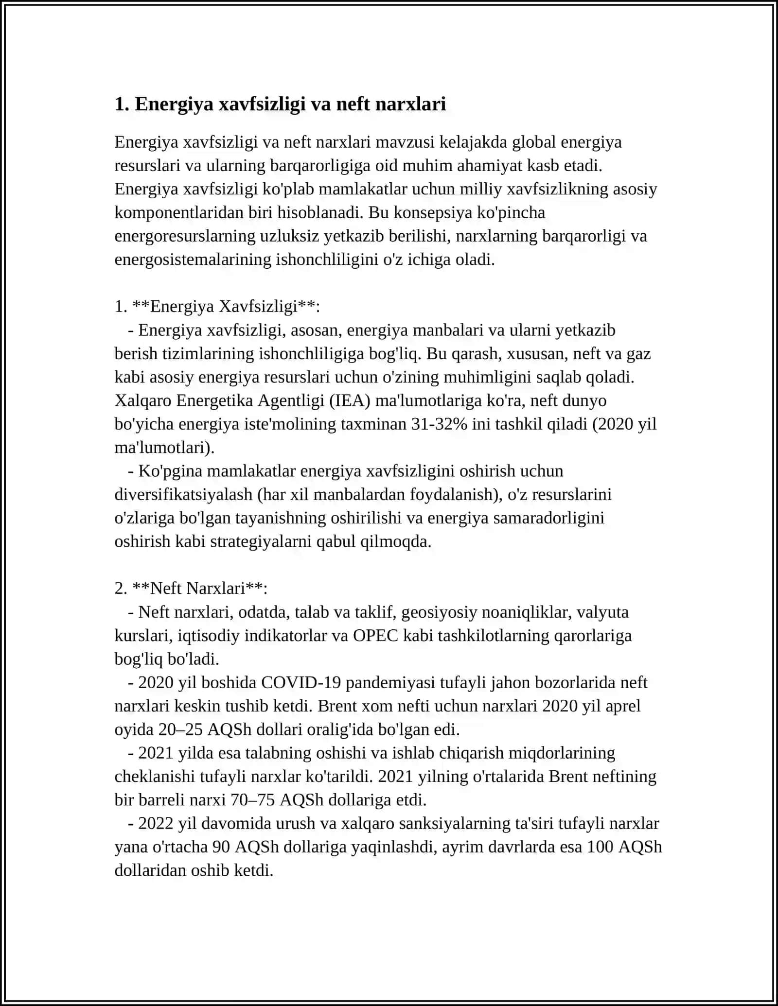 Energiya Xavfsizligi va Neft Narxlari 3