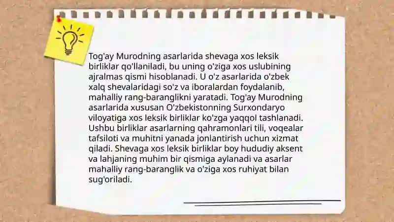 Tog'ay Murod asarlaridan shevaga xos so'zlarni topish va adabiy tildagi varianti bilan qiyoslash 3