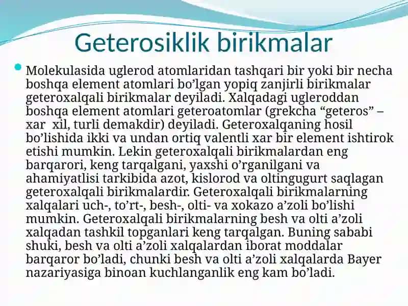 Geterosiklik birikmalar metabolitlar va dorivor moddalar sifatida 3