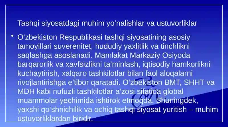O'zbekiston Respublikasi tashqi siyosatining muhim yo'nalishlari. O'zbekistonning jahon hamjamiyatida tutgan o'rni 3
