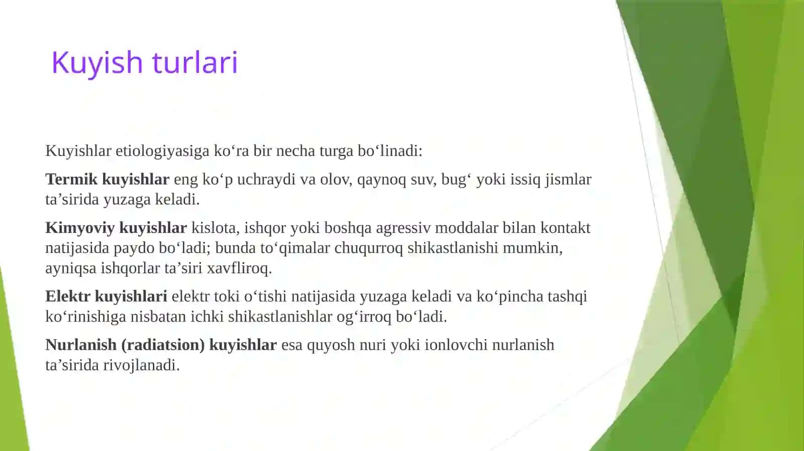 Kuyish tasnifi, darajalari va birinchi yordam algoritmi 3