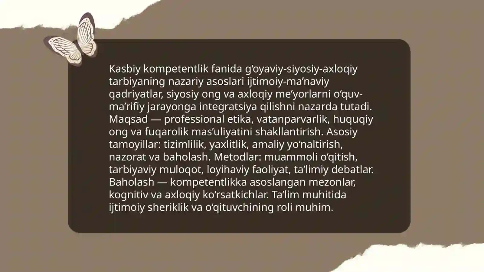 Kasbiy kompetentlik fanining mazmunida tarbiyaviy jarayonda g‘oyaviy-siyosiy-axloqiy tarbiyani tashkil etish 3