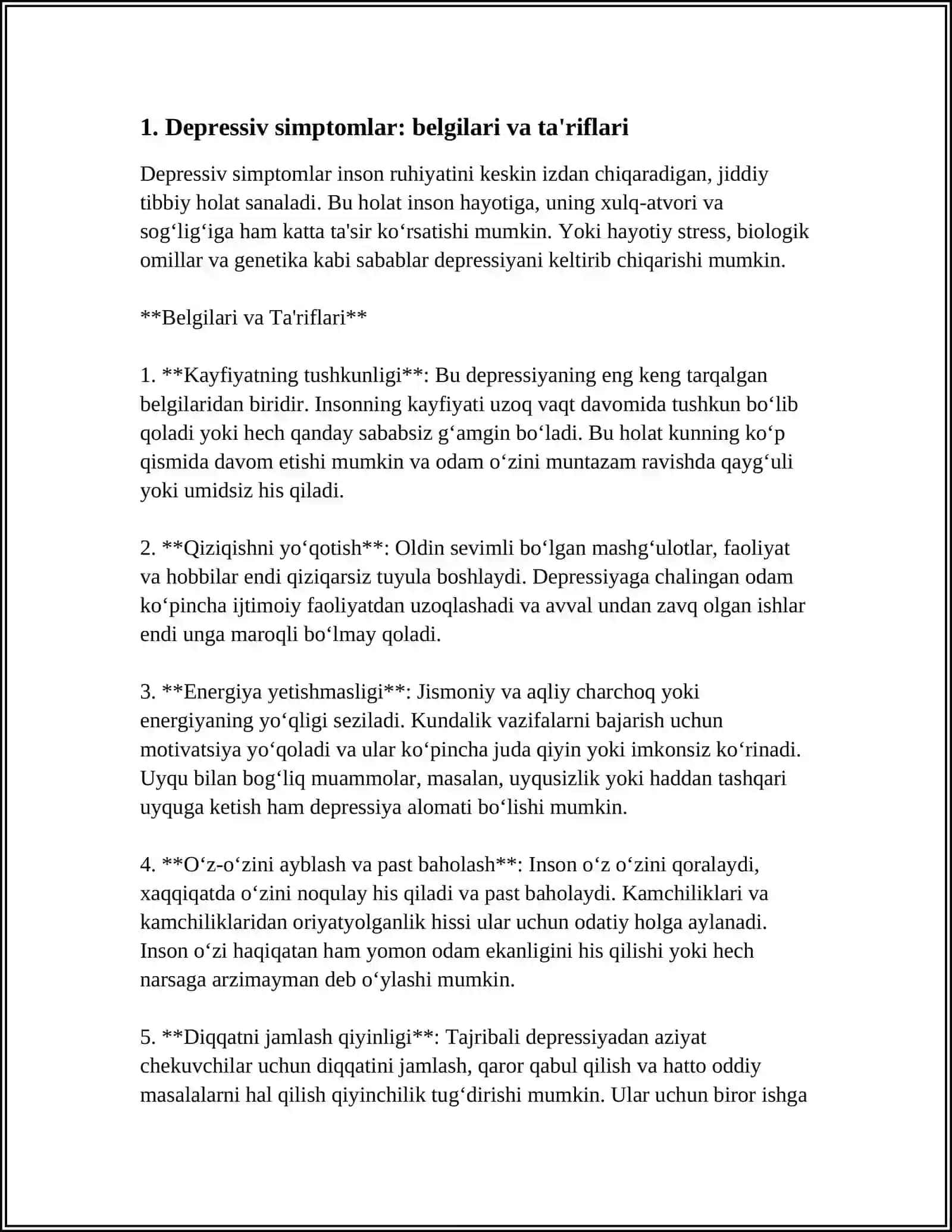 DEPRESSIV SIMPTOMATIKA DIAGNOSTIKASIGA OID TESTLAR, METODIKALARNI O’TKAZISH, NATIJALARNI TAHLIL QILISH 3