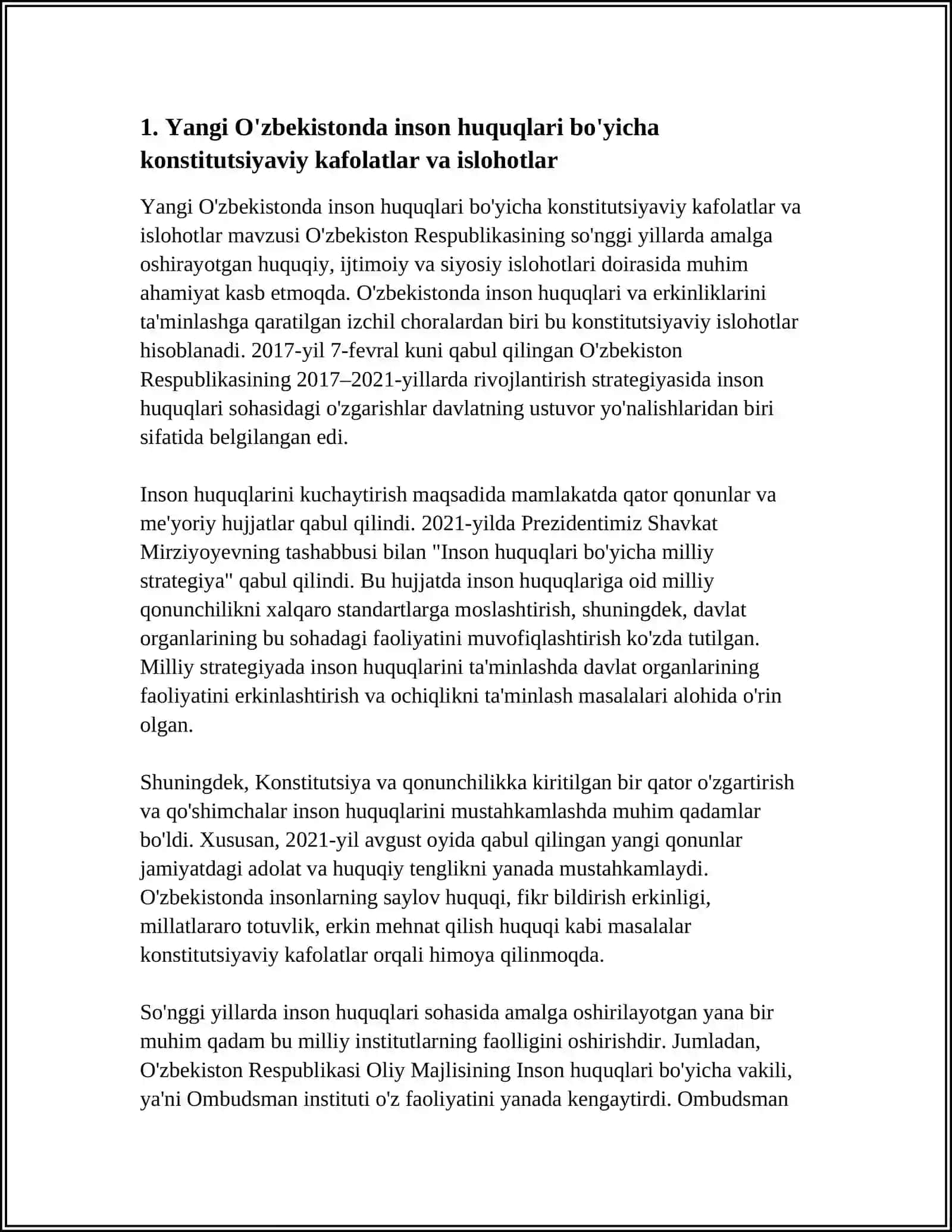 YANGI UZBEKISTONDA INSON HAQ HUQUQLARI VA ERKINLIKLARI KAFOLATING YARATILISHI 3