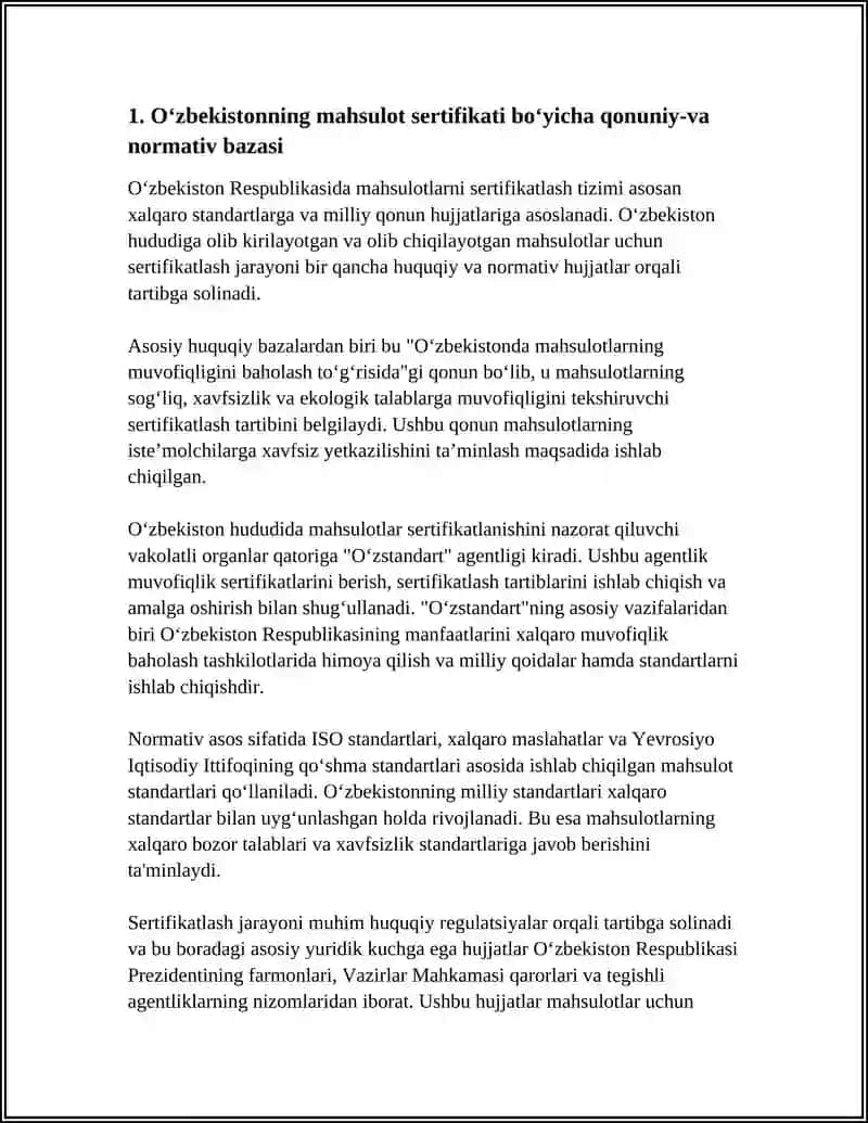 O'ZBEKISTON HUDUDIGA OLIB KIRILAYOTGAN VA OLIB CHIQILAYOTGAN MAHSULOTLARNI SERTIFIKATLASHTIRISH 3