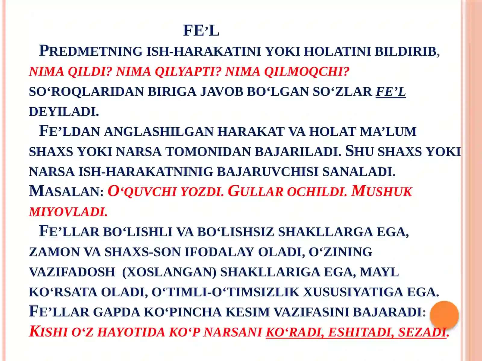 Fe’l so`z turkumi mavzusi yuzasidan amaliy mashg`ulot 3