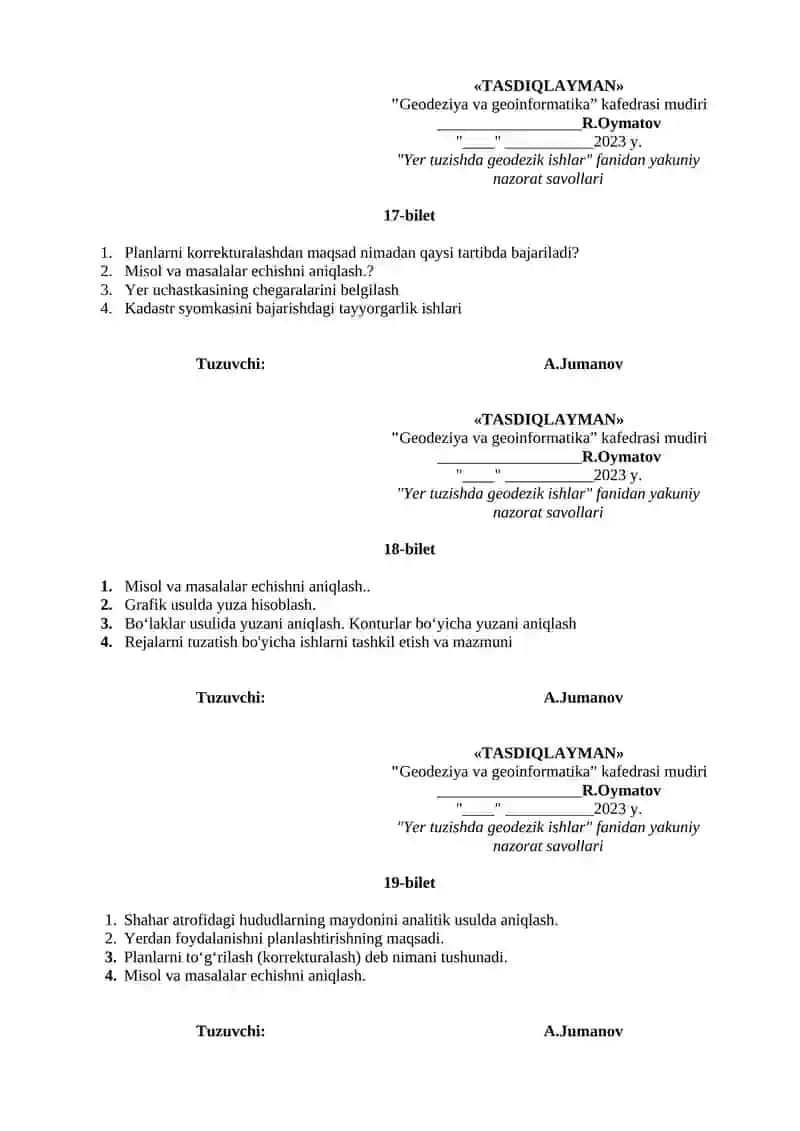 "Yer tuzishda geodezik ishlar" fanidan yakuniy nazorat savollari 3