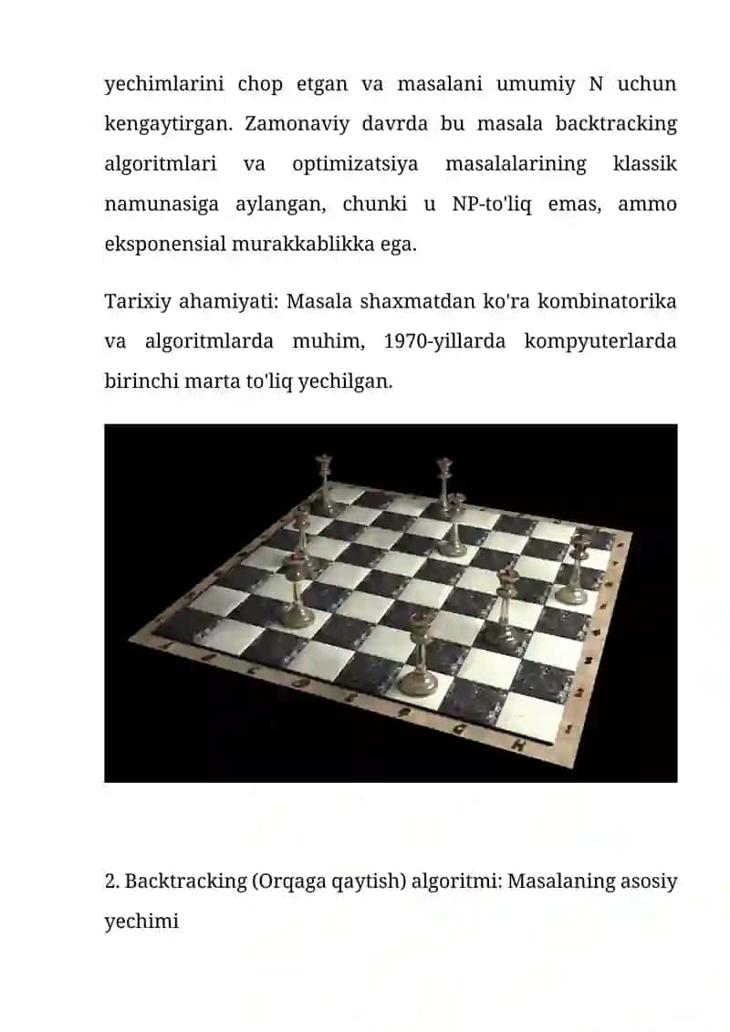 Shaxmat taxtasida malikalar masalasini yechish 3