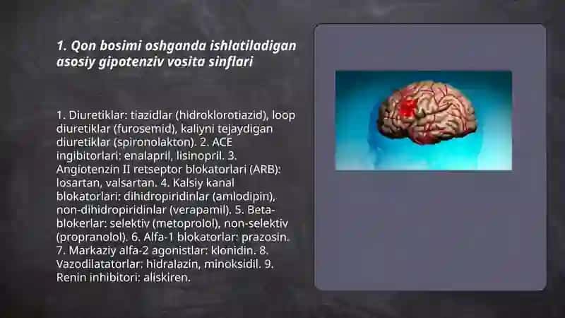 Qon bosimi oshganda qollaniladigan moddalar.Gipotenziv vositalar.Angioprotektorlar. Miyada qon aylanishiga ta'sir etuvchi moddalar 3