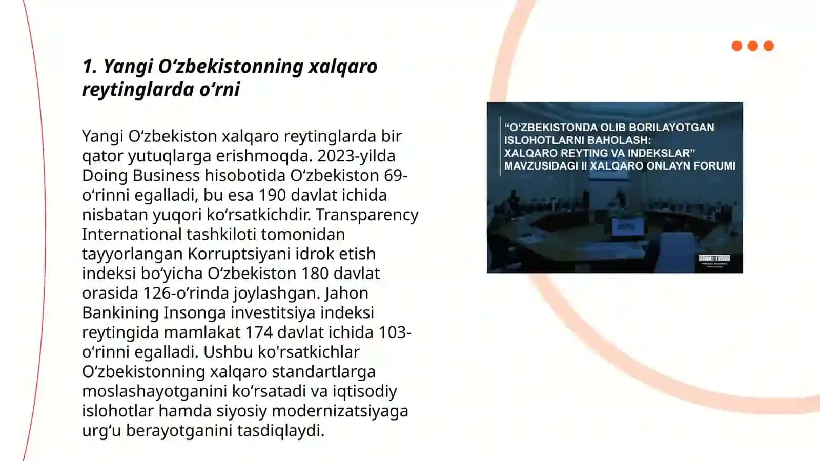 Yangi Oʻzbekiston ijtimoiy-siyosiy iqtisodiy va madaniy hayotida roʻy berayotgan oʻzgarishlarning xalqaro reyting va indekslarda aks etishi 3